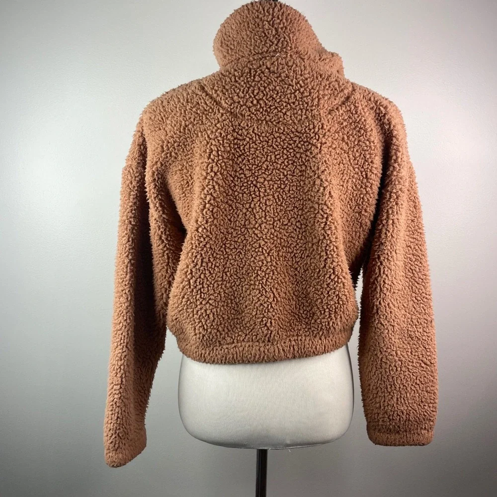 Cozie by Pink Rose Brown Sherpa Fleece Snap Neck Cropped Pullover Sweatshirt S - Picture 3 of 8